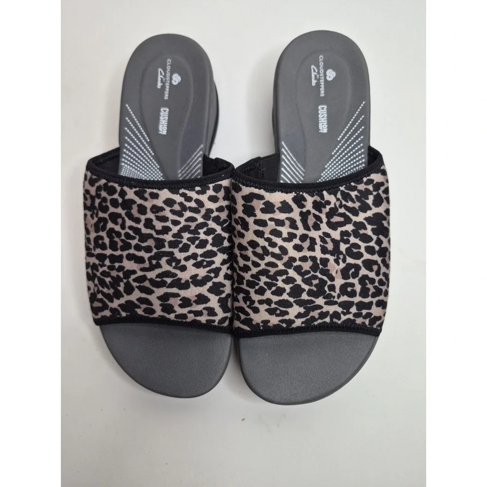 Cloudsteppers by Clarks Sandals Womens 8 M Slide Leopard Print Wedge Black Gray‎